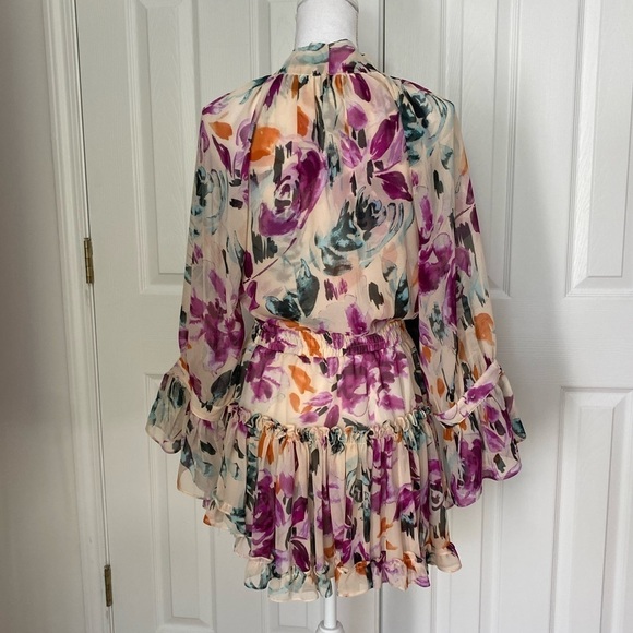 Misa- Multicolored Large Floral Longsleeve Mini Ruffle Dress with Neck Tie - Picture 9 of 10